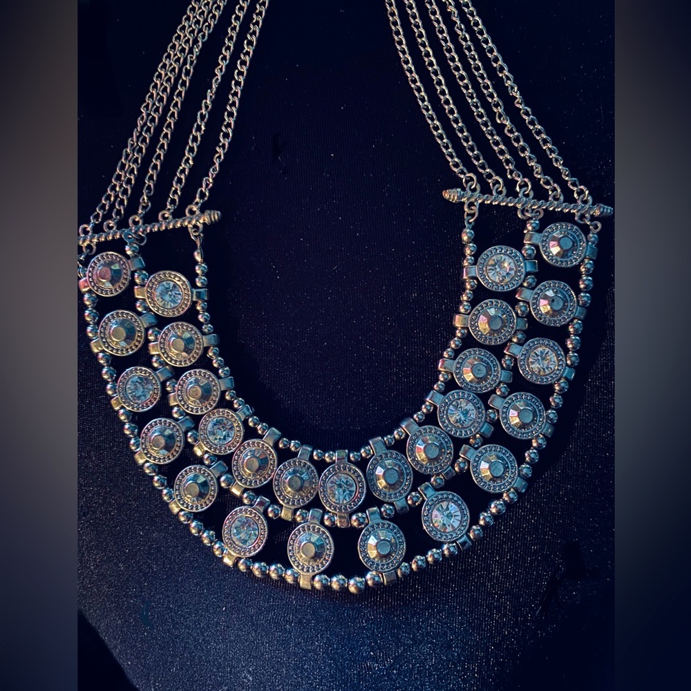 Silver tone and rhinestone bib necklace